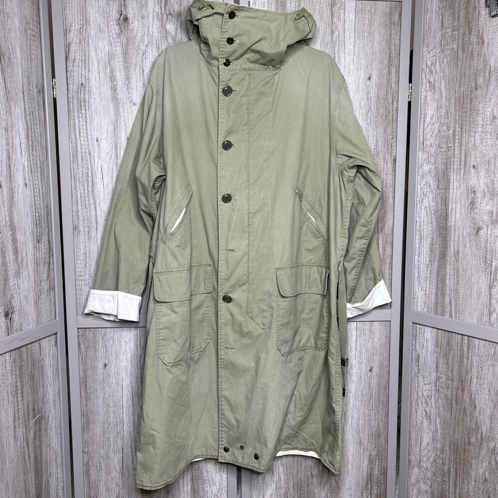 Chimala Mens Reversible Jacket Trench Coat Hooded Green and Ivory Cotton Size L